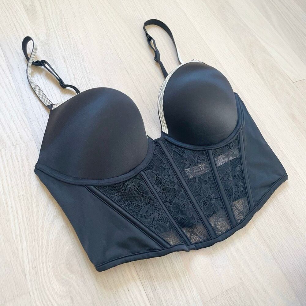 Victorias Secret Bombshell Push Up Corset Bustier 34C Black Satin Rhinestones